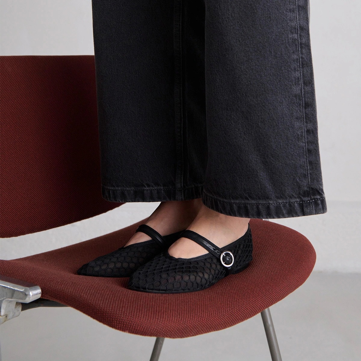 Ballerines à brides en mesh noir et cuir noir